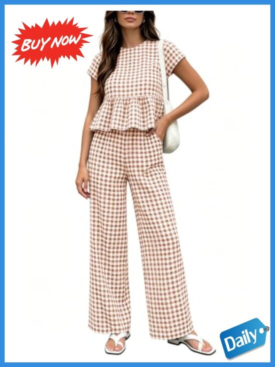 Pants - Gingham Plaid Two-Piece Set Ruffle Top Wide Leg Pants